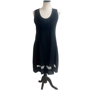 Made In Italy Linen Sheath Dress Black Size M/L Embroidered Bodice Crochet Hem